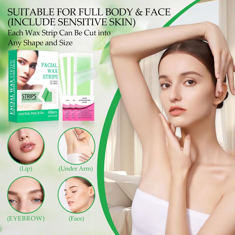 Facial Wax Strips for Hair Removal, Wax Strips for Face, 60PCS Hair Removal Waxing + 3 Calming Oil Wipe, Upper Lip, Chin, Eyebrow, Armpit, Bikini Line, Face Waxing Kit for Women, Long-Lasting Results