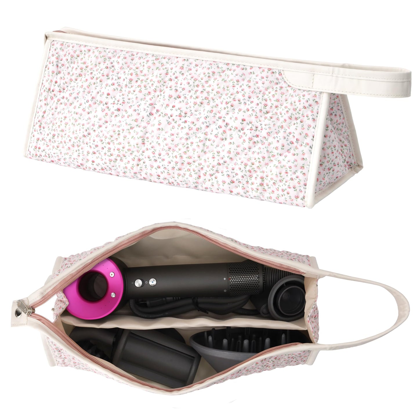 Linpr Travel Case Compatible with Dyson Airwrap Styler/Shark Flex Style, Portable Carrying Organizer Case for Hair Tools, Cotton Quilted Hair Dryer Storage Bag (Pink Floral)