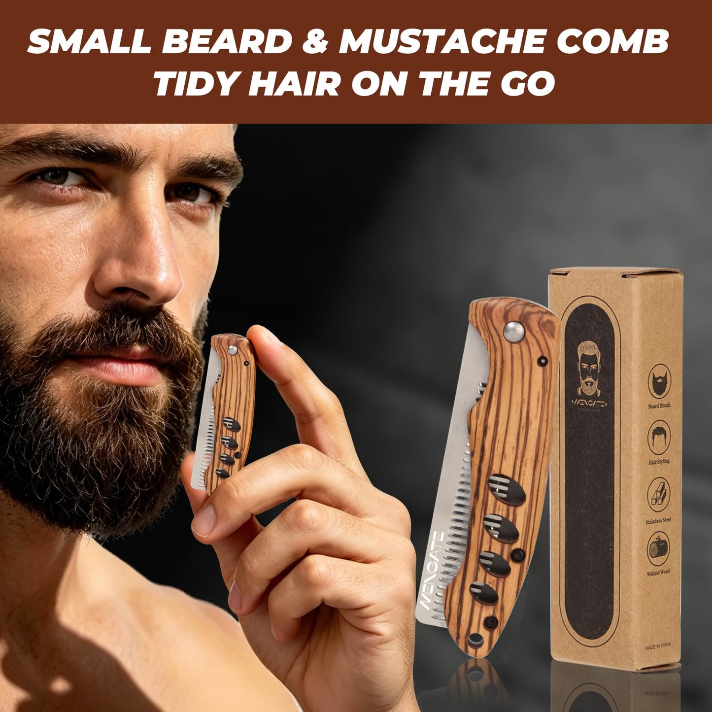 1PC Small Folding Pocket Beard & Mustache & Hair Styling Comb for Men - Metal Tactical Grooming Tool with Wooden Handle, with 180° Rotatable for Outdoor Travel & Home Use - Length 6.57inch