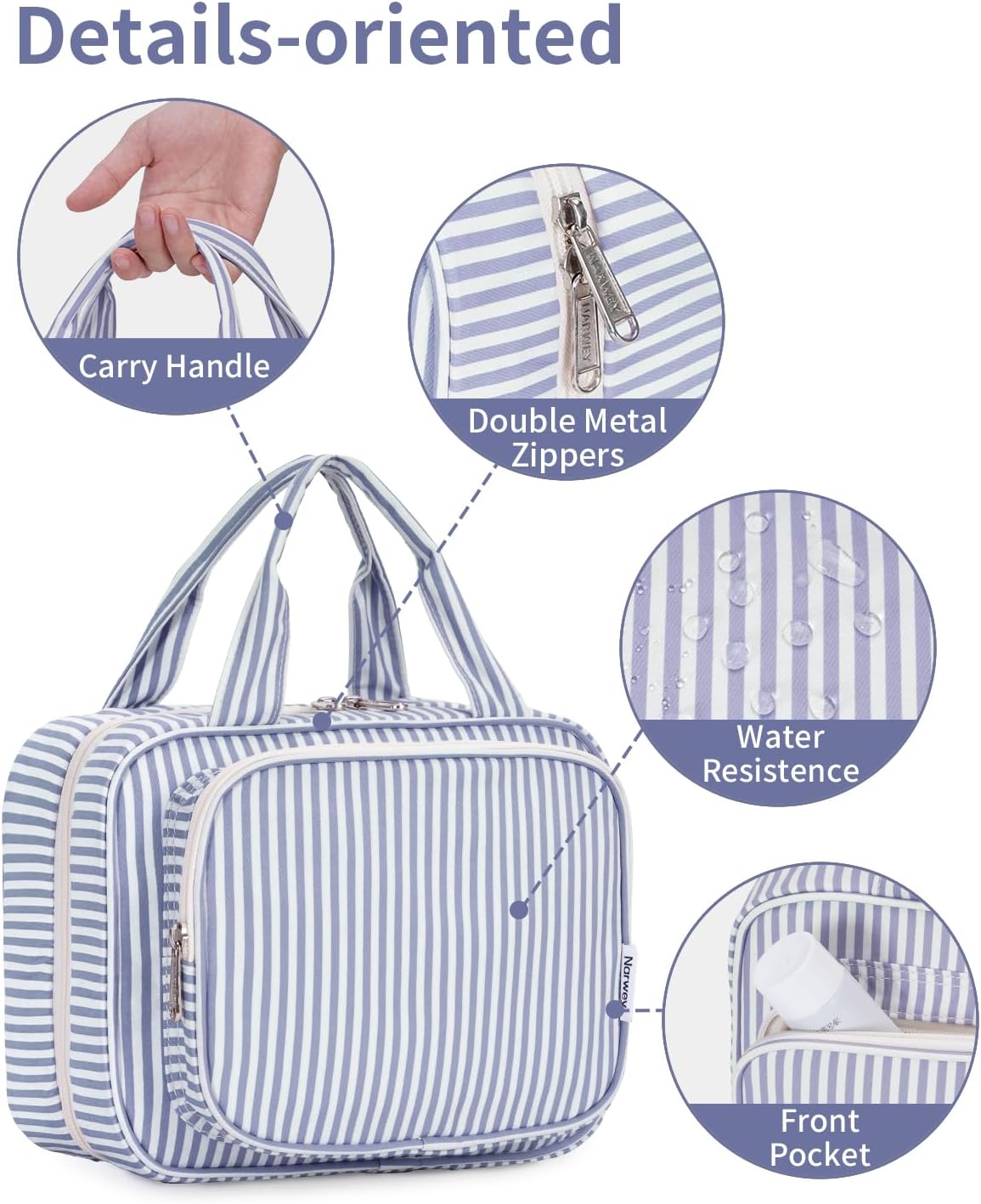Narwey Hanging Toiletry Bag for Women - Travel Makeup Organizer | Medium Greyish Blue Stripe