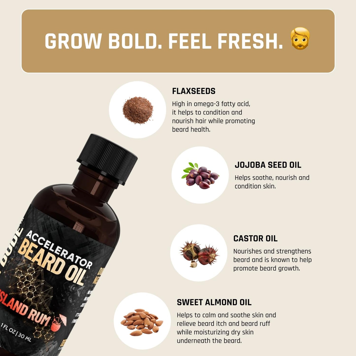 Derm Dude Accelerator Beard Growth Oil for Men | With Castor Oil & Jojoba Oil for Hair Growth | Promotes Thicker Fuller Beard | Hydrate & Soften Facial Hair, Non-Greasy - Island Rum 1oz