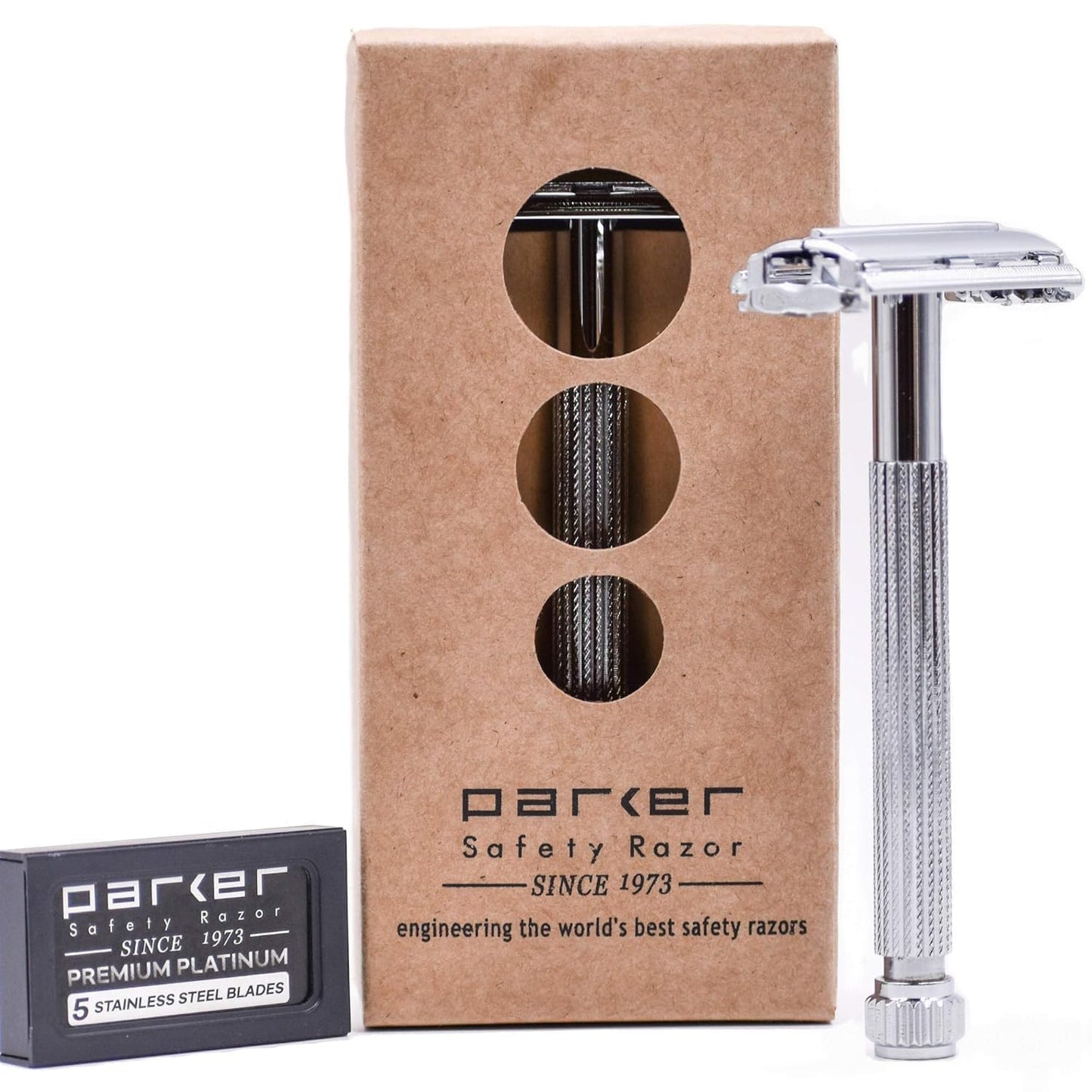 Parker 29L Chrome, Long Handle Butterfly Open Double Edge Safety Razor for Men & Women, 5 Parker Premium Platinum Double Edge Razor Blades Included