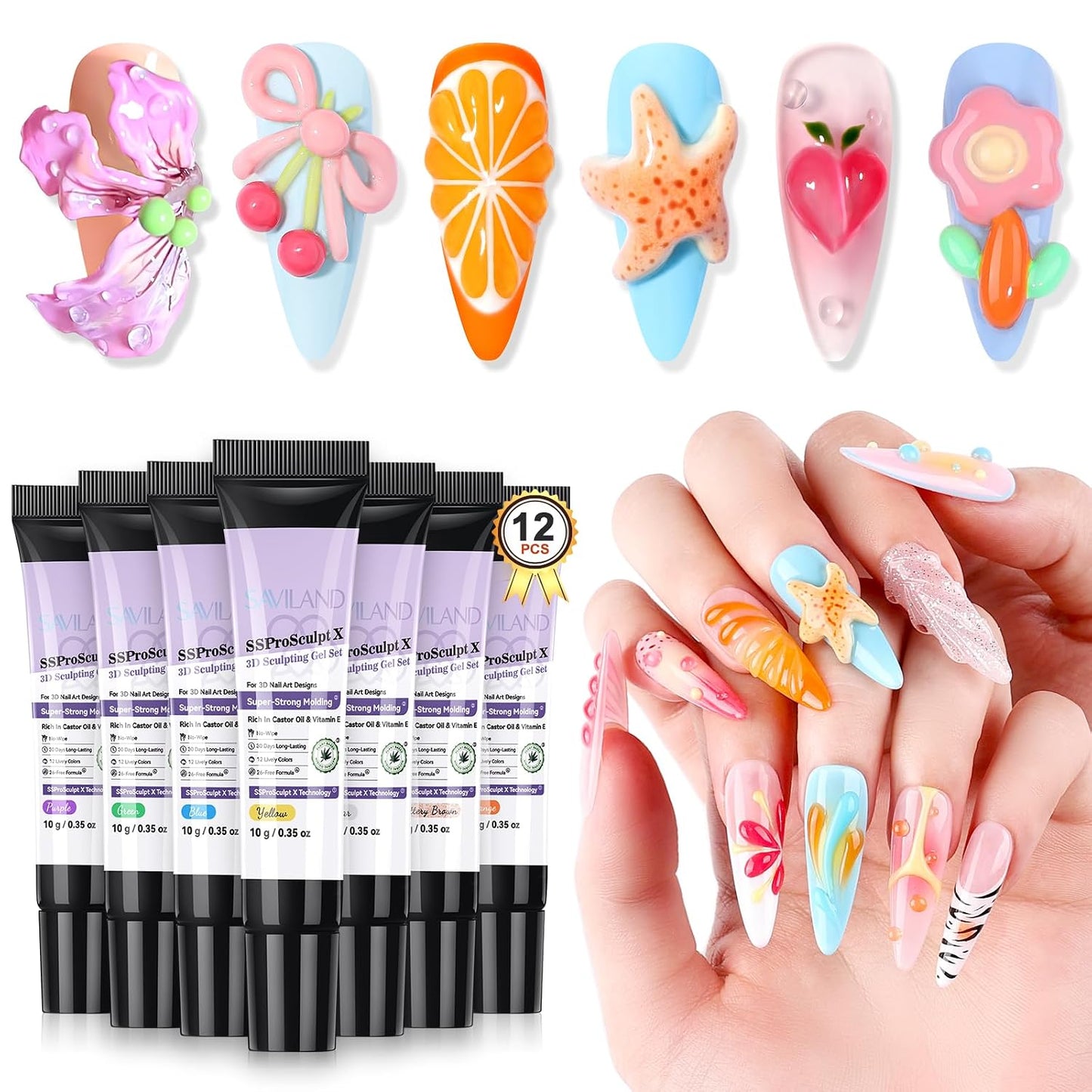 3D Nail Gel Set - 12 Colors Non-Sticky Soak Off Sculpting Gel | Nail Art Painting & Carving Tools for Home Salon DIY