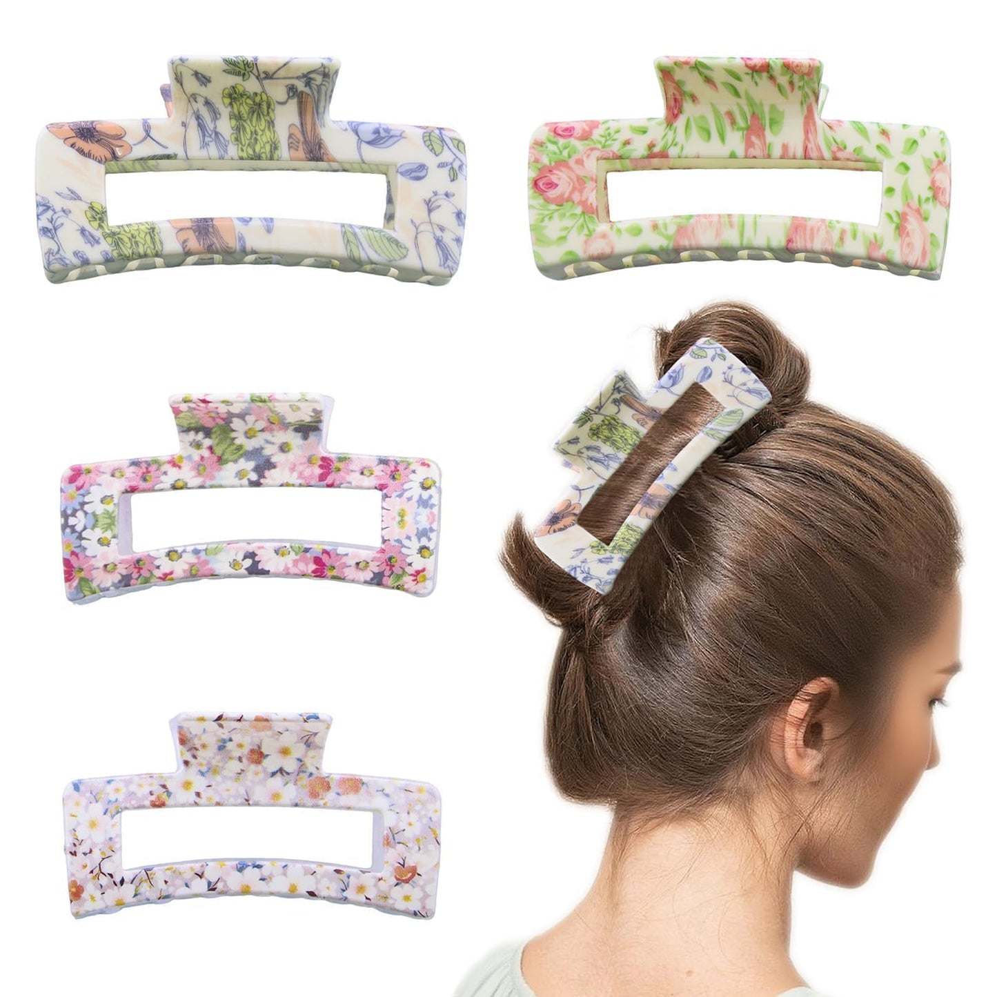 4 Pcs Large Square Floral Hair Claws Clips for Women, Summer Cute Fashion Accessories for Thin Thick Long Curly Hair