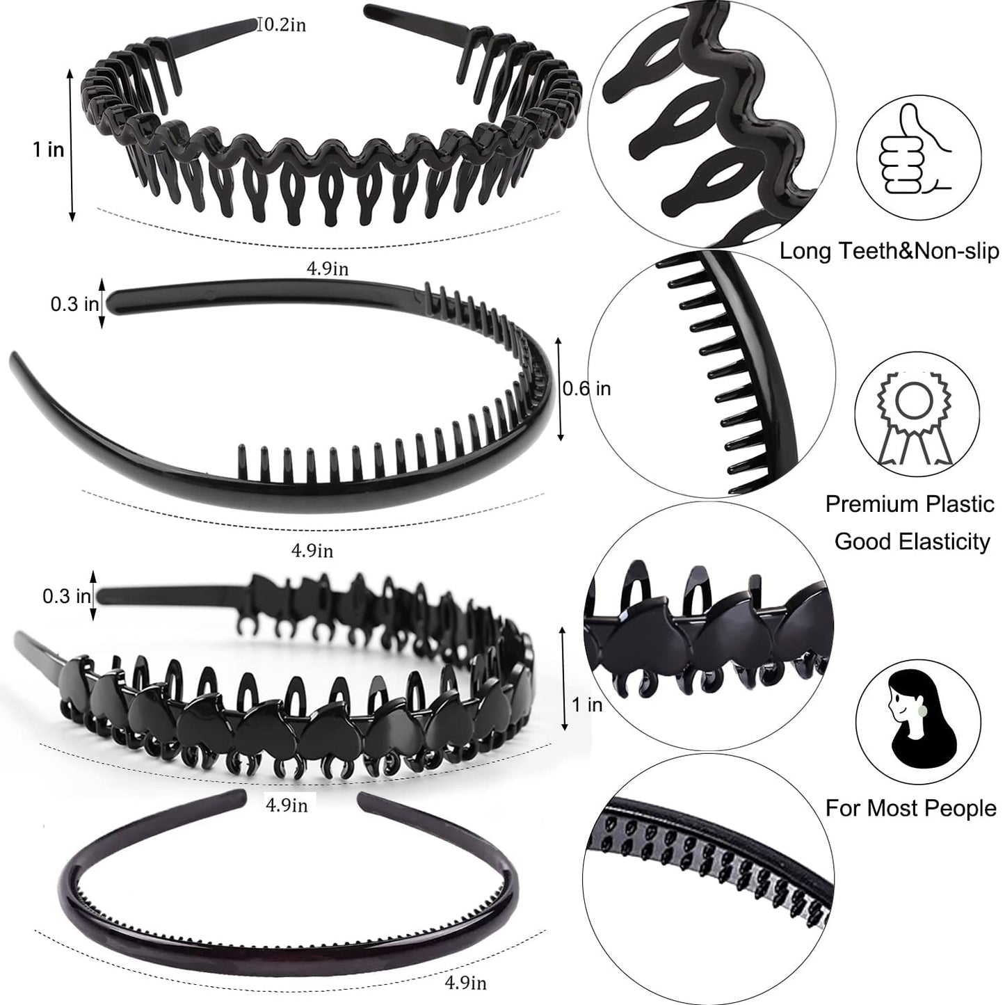 Effortless Black Plastic Headbands - 8 PCS No-Slip Hair Accessories for Women, Men & Teens