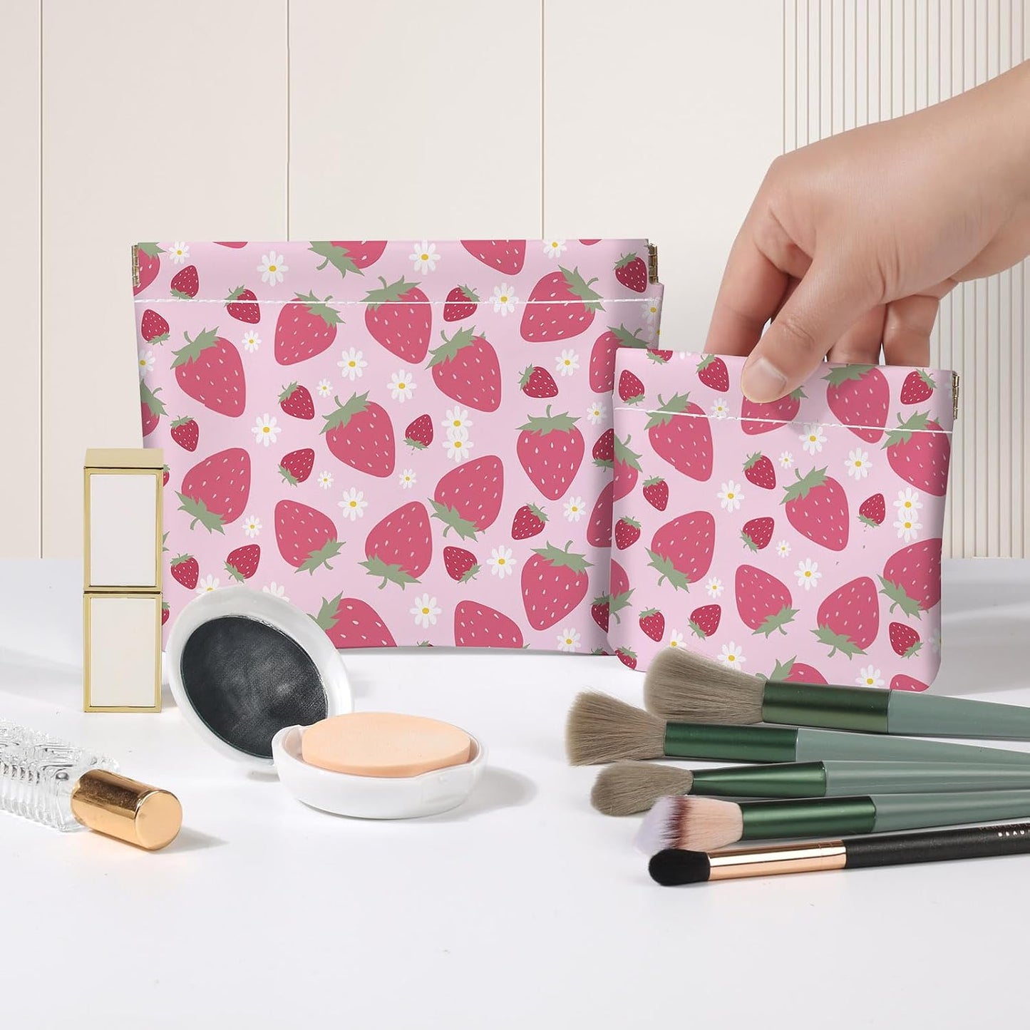 Makeup Bag Set - 2 PCS PU Leather Cosmetic Organizer for Women | Portable Self-Closing Pouch in Strawberry
