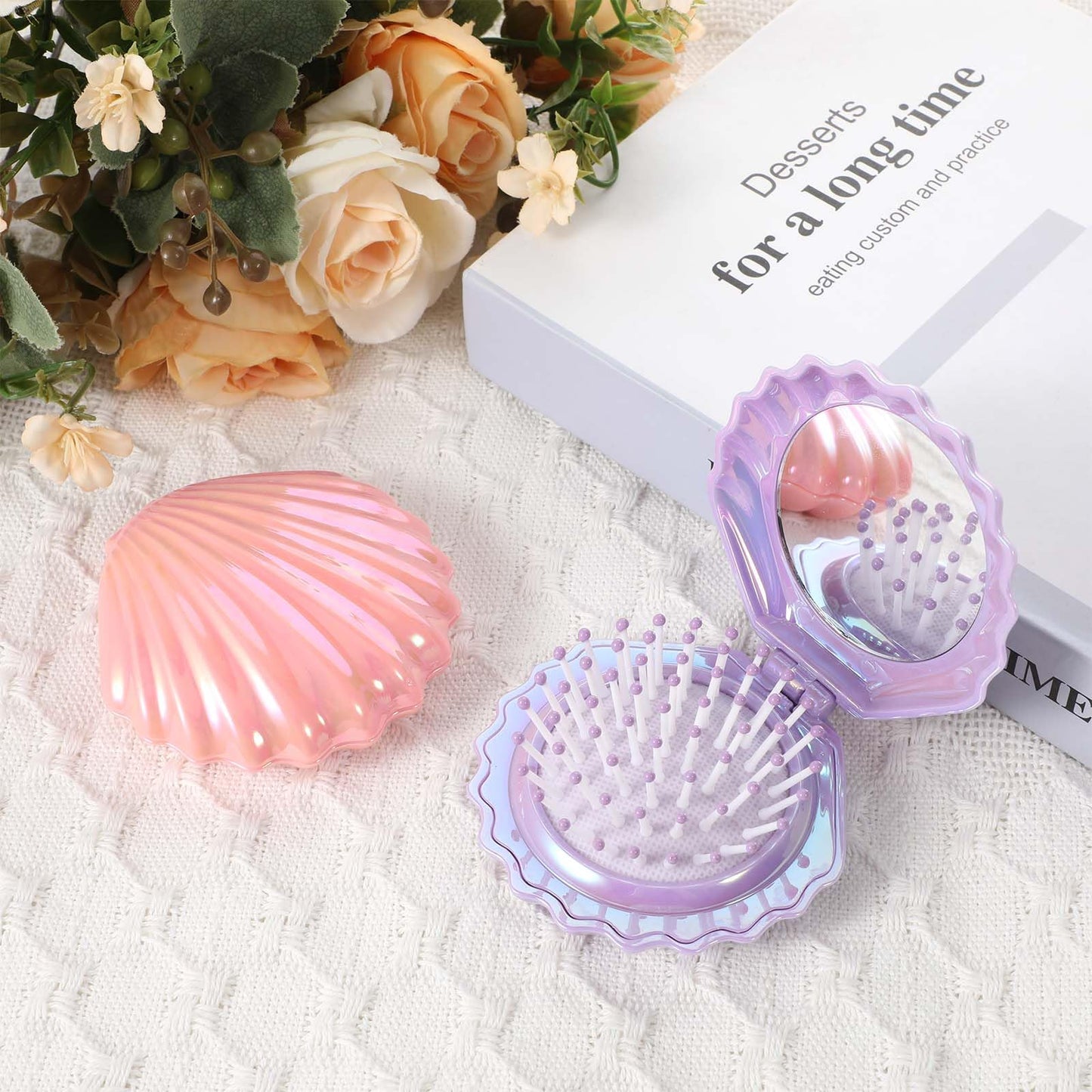 Foldable Travel Hair Brushes with Mirror, Shell Shape Pocket Brush Foldable Comb, Compact Size Hair Massage Comb, Portable Mini Makeup Mirror Set Gifts for Girls (Pink, Purple)