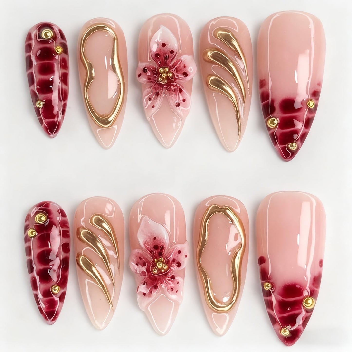 Christmas Press-On Nails - 24Pcs Medium Almond Acrylic with 3D Gold Snowflake & Floral Designs | Winter Red Full Cover