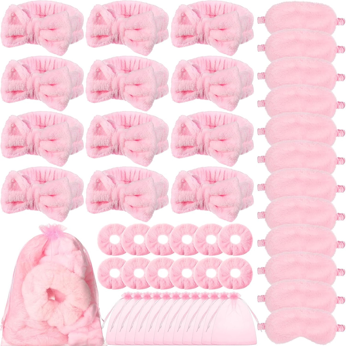 Mimorou Spa Party Supplies Set - 48 Pieces with Headbands, Eye Masks & Scrunchies | Pink, Blue, Purple