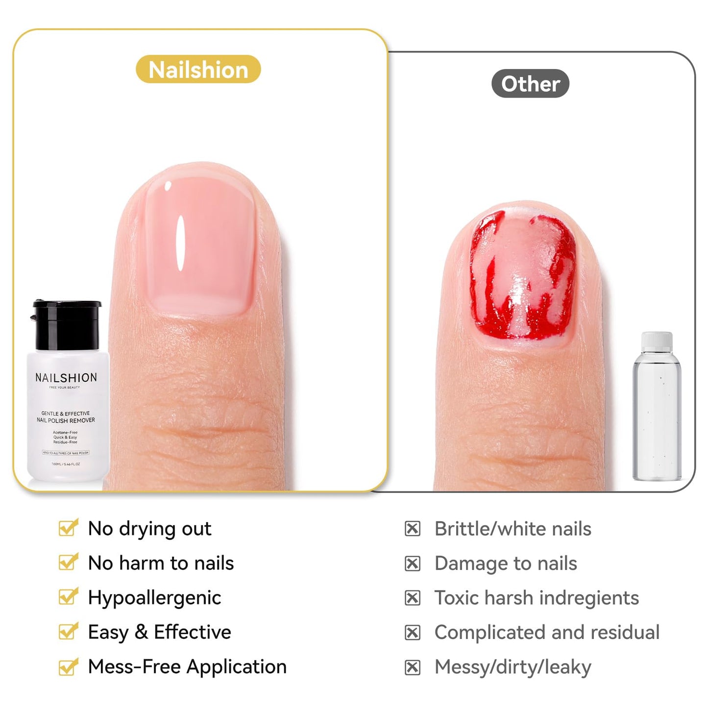Nailshion Nail Polish Remover Non-acetone for All Air Dry Nail Polishes, 3-6s Quick Removal, One-hand Push-Down, No Toxic, Rich in VE Non-Drying, Salon DIY Nail Art Supplies 5.46 fl. oz