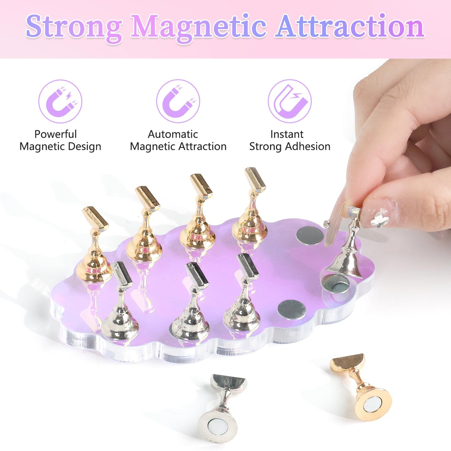 ANGNYA Nail Stand for Press on Nails Display, Magnetic Press on Nail Stand with 200 PCS Reusable Adhesive Tapes, Nail Tips Practice Painting Holder for DIY Nail Art Tools