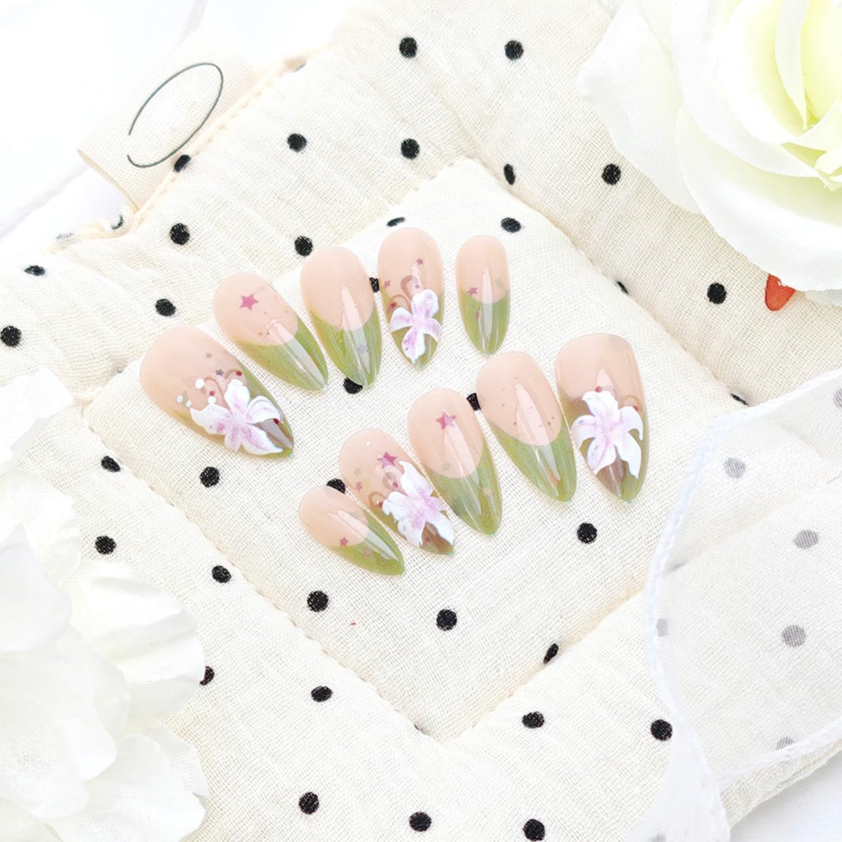 24Pcs Green French Tip Press on Nails Medium Almond Fake Nails Colorful Star with Lily Press Ons Glue on Nails Artificial Spring False Nails Cute Flower Stick on Nail for Women Acrylic Manicure