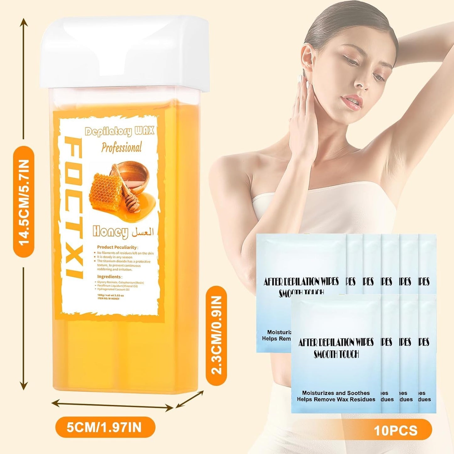 FOCTXI Wax Roller Kit Ｗax Cartridge, Roll On Wax for Hair Removal, Roll on Ｗax, 4 Honey Hair Removal Ｗax Cartridge and 10 Pack Cleaning Oil Wipes for Women