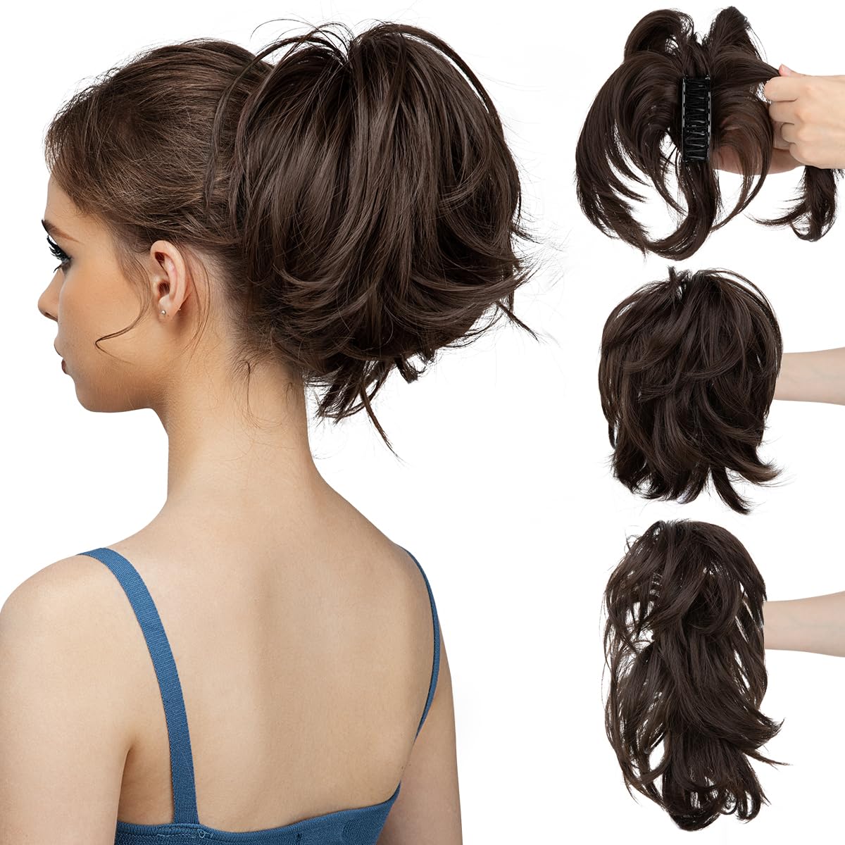 CJL Hair Claw Clip Short Ponytail Extensions - Bendable Metal Messy Bun Piece | Wavy Curly Synthetic Hair, Ash Grey