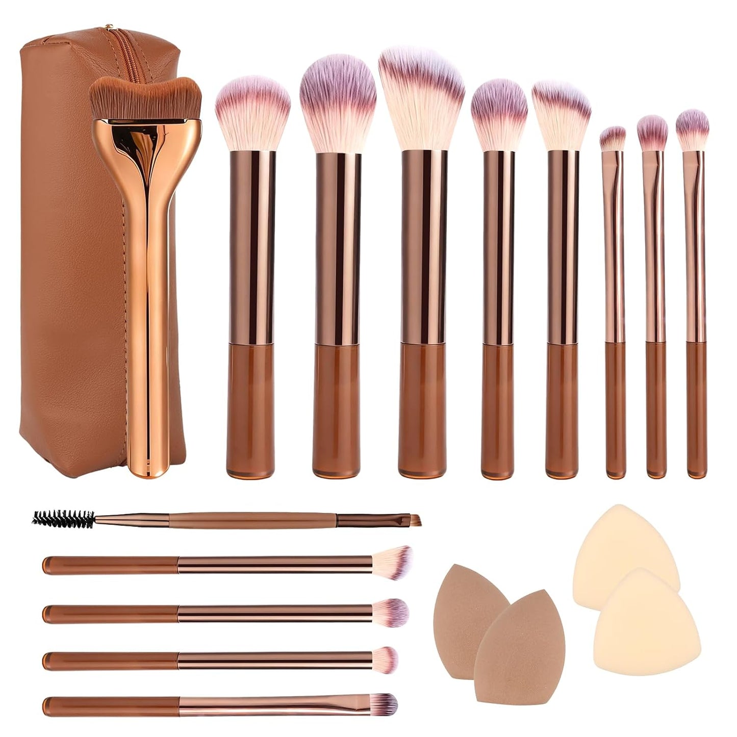 17-Piece Makeup Brush Set - Synthetic Bristles, Aluminum Ferrule | Brown for Beginners & Professionals