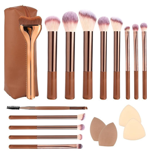 17-Piece Makeup Brush Set - Synthetic Bristles, Aluminum Ferrule | Brown for Beginners & Professionals