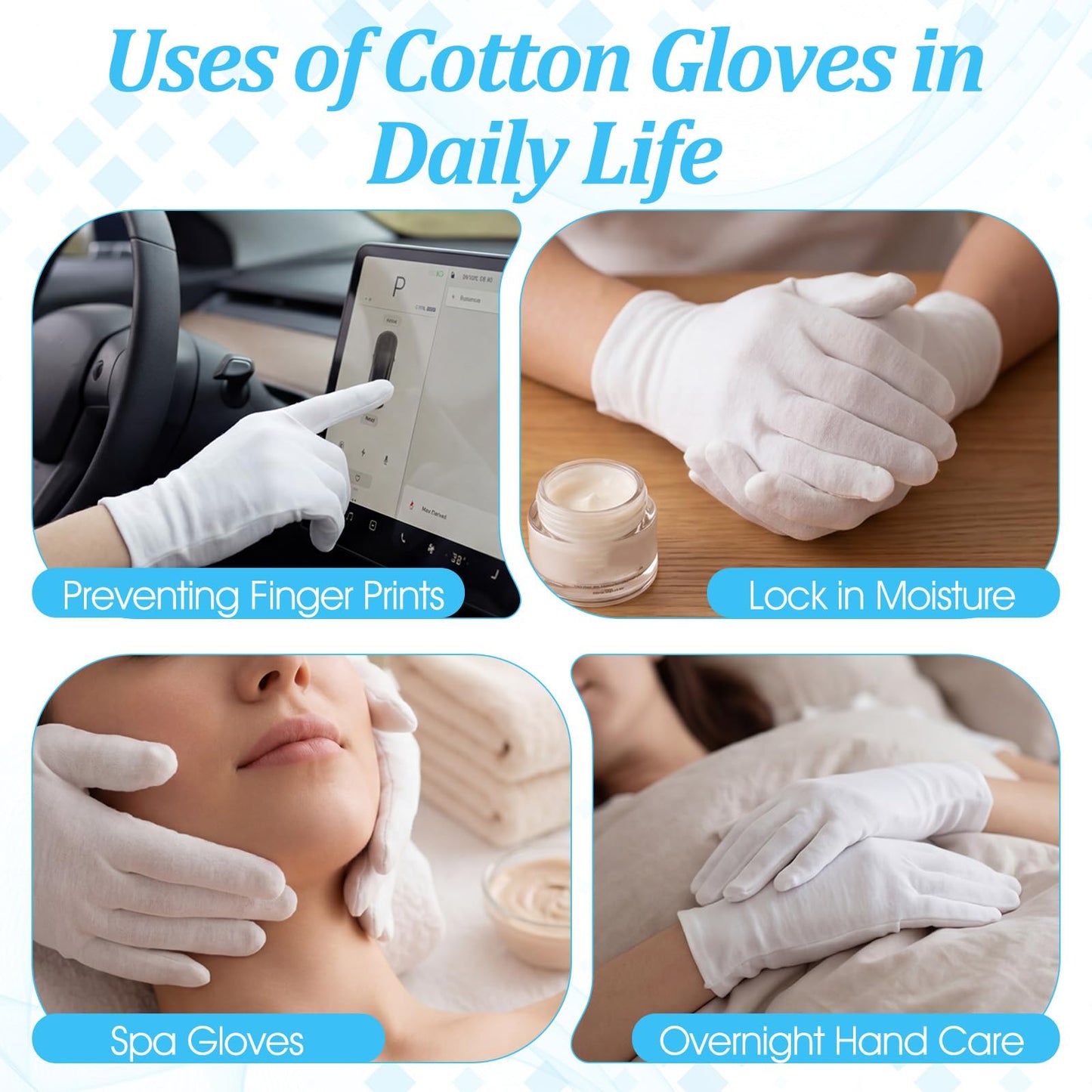 Nogeqi 4 Pairs White Cotton Gloves for Dry Hands Sleeping Women Stretchy Thin Cotton White Gloves Eczema, Hand Glove Moisturizing Overnight for Dry Hand, Eczema, Hands Spa, Jewelry Inspection