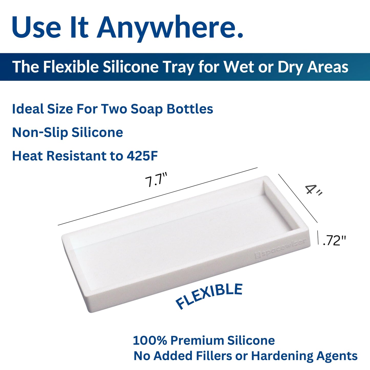 Spacewiser Countertop and Vanity Tray - Small 7.7” Silicone Tray for Soap Dispenser, Bathroom Trays, Dish Soap Trays for Kitchen Counter, Sink Caddy Sinks Organizer, Soaps Dish & Sponge Holder, White