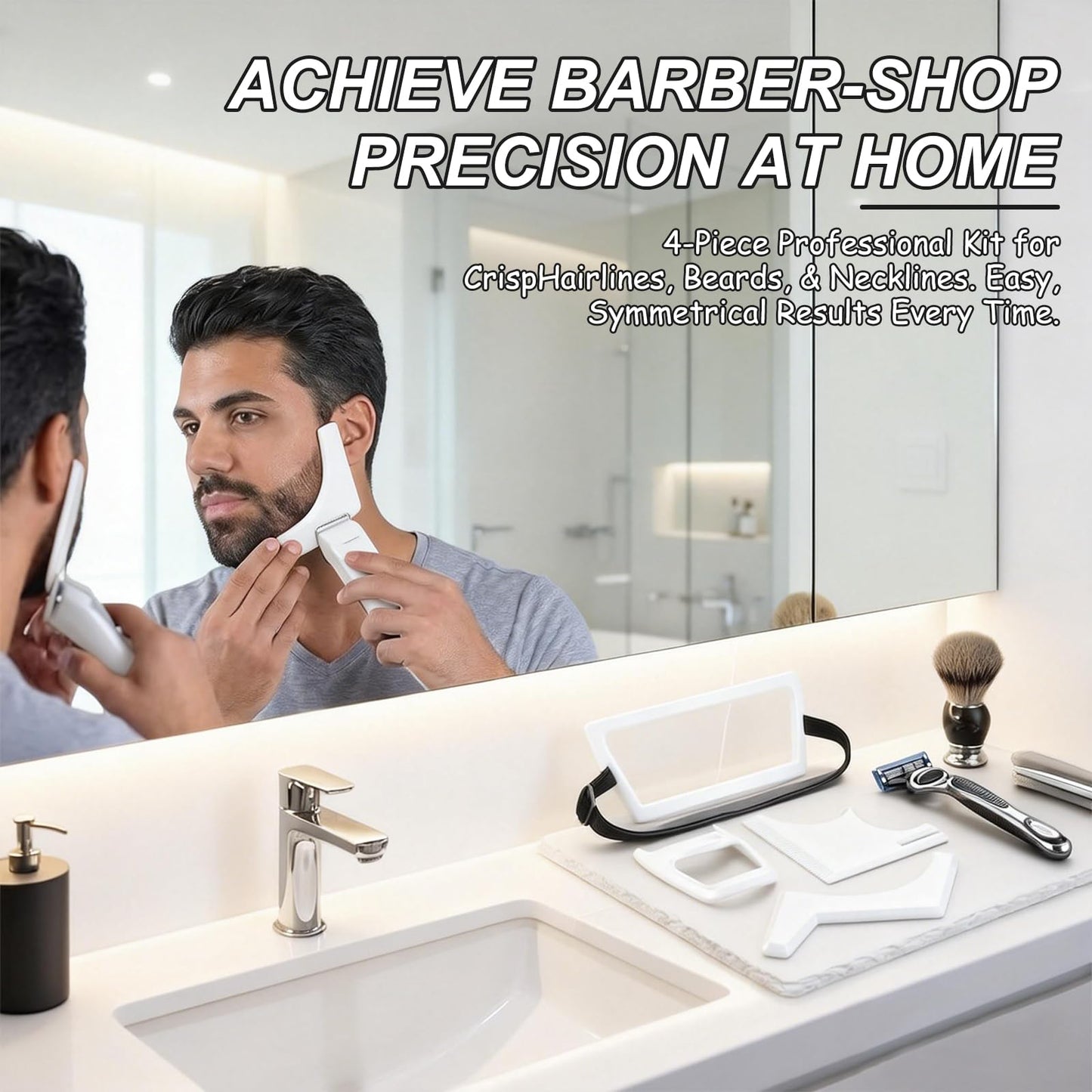 OFFAXE Styling Tools, 4 Styles of Beard Trimming, Reusable Hairline Shaping Tool, Color Spray Edge Line Up Tool, Portable Template Set for Hair and Beard, Clean Hairline Maker for Barbers (White)
