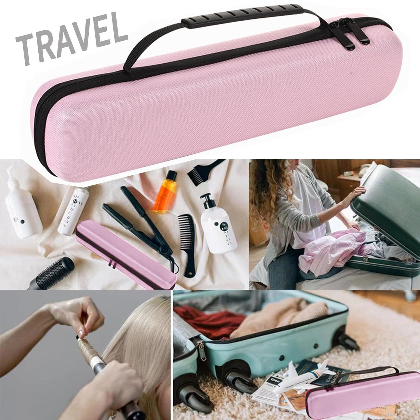 Curling Iron Travel Case, Festwarm Hard Carry Bag for Straightener Curling Irons Styler with Handle, EVA Flat Iron Cases for Vacation(CASE ONLY, Light Pink)-13.3"x2.3"