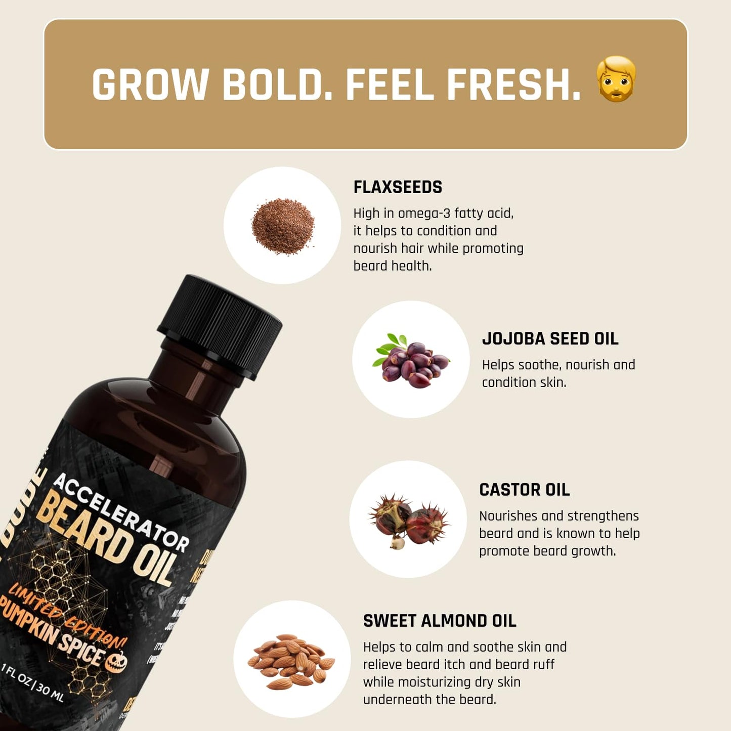 Derm Dude Accelerator Beard Growth Oil for Men | With Castor Oil & Jojoba Oil for Hair Growth | Promotes Thicker Fuller Beard | Hydrate & Soften Facial Hair, Non-Greasy - Pumpkin Spice 1oz