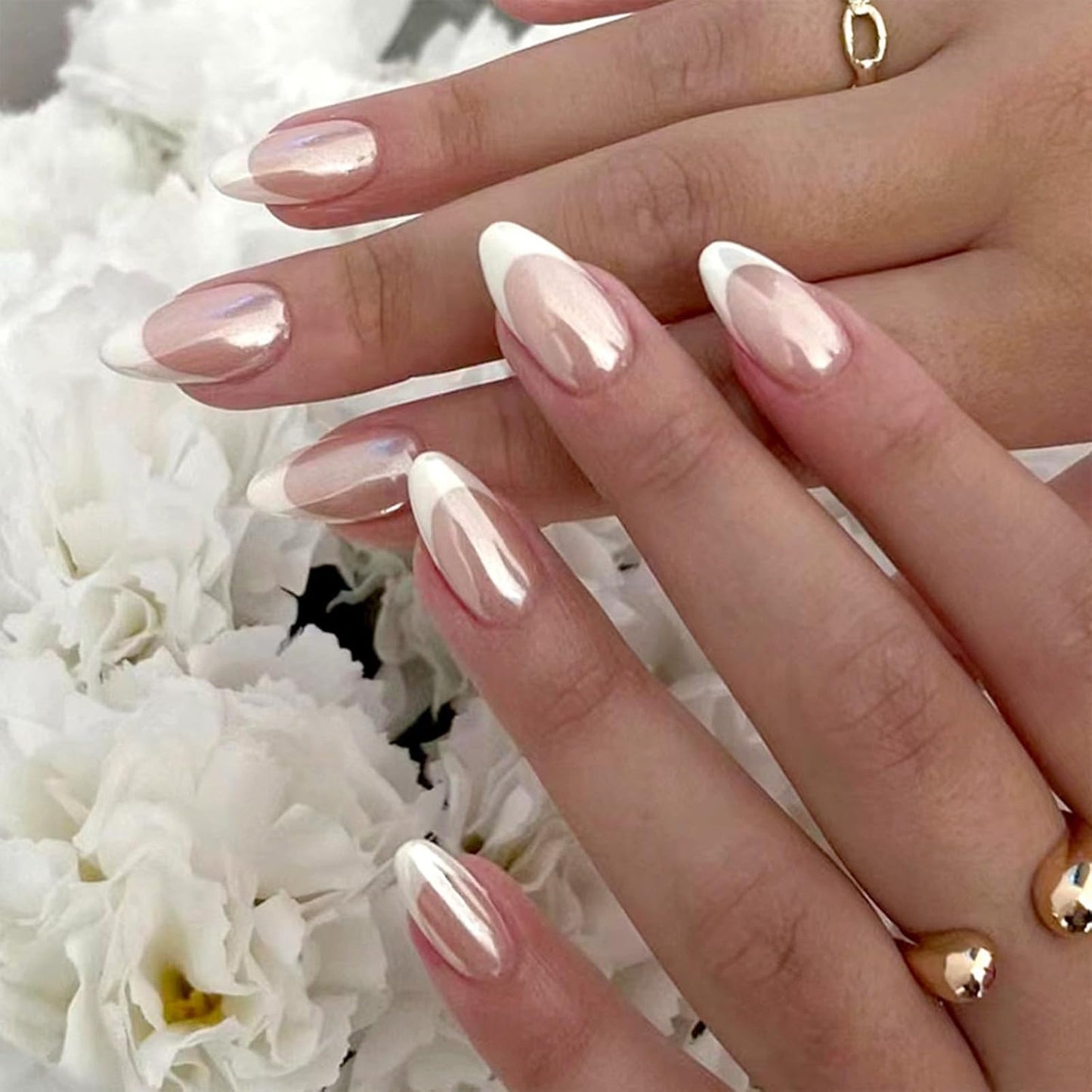 Press On Nails - Orange Almond Shape with Gold Glitter Swirl | 24 Pcs Acrylic Fake Nails for Women