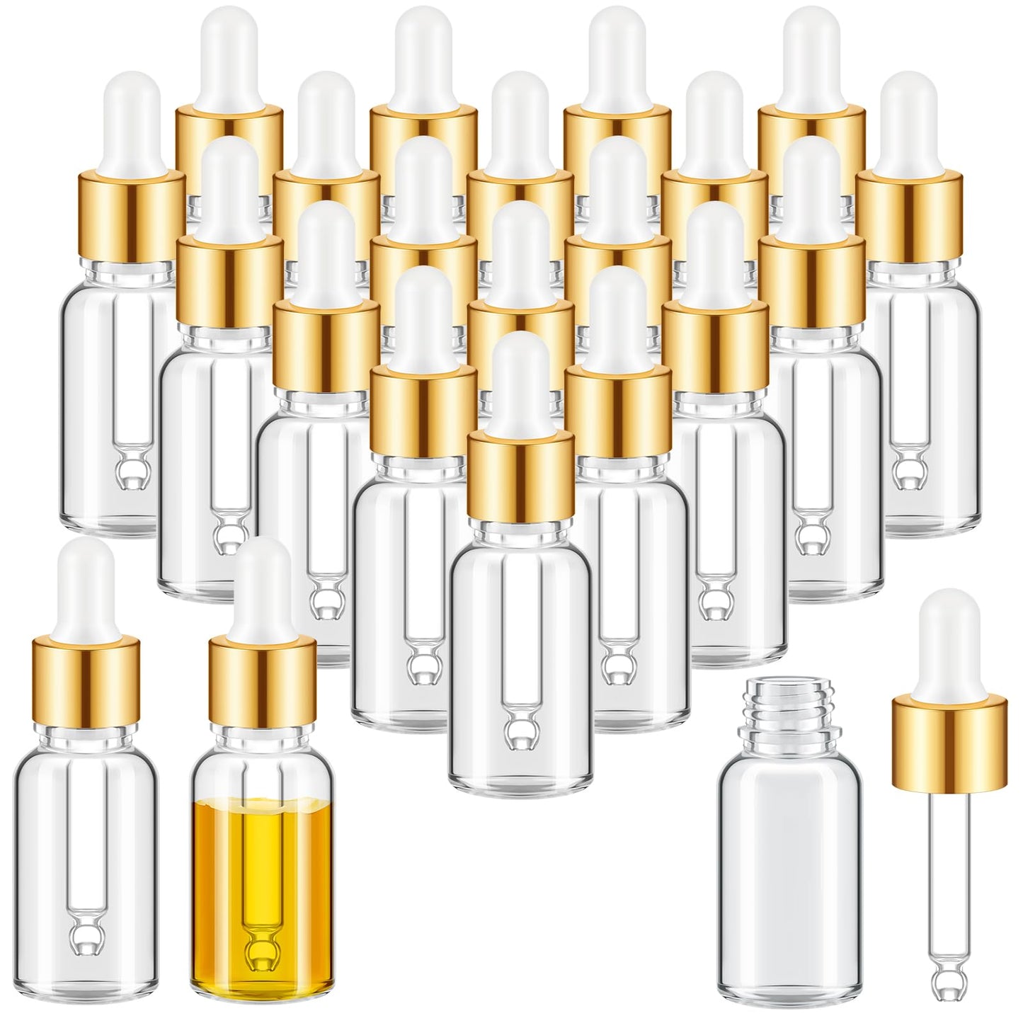Didaey 100 Pcs 1/2/3/5/10/15 ml Mini Glass Oil Dropper Bottle Bulk, Clear Essential Small Empty Bottles Sample Containers Perfume Liquid Vials with Cap for Traveling (15 ml,Champagne Gold)