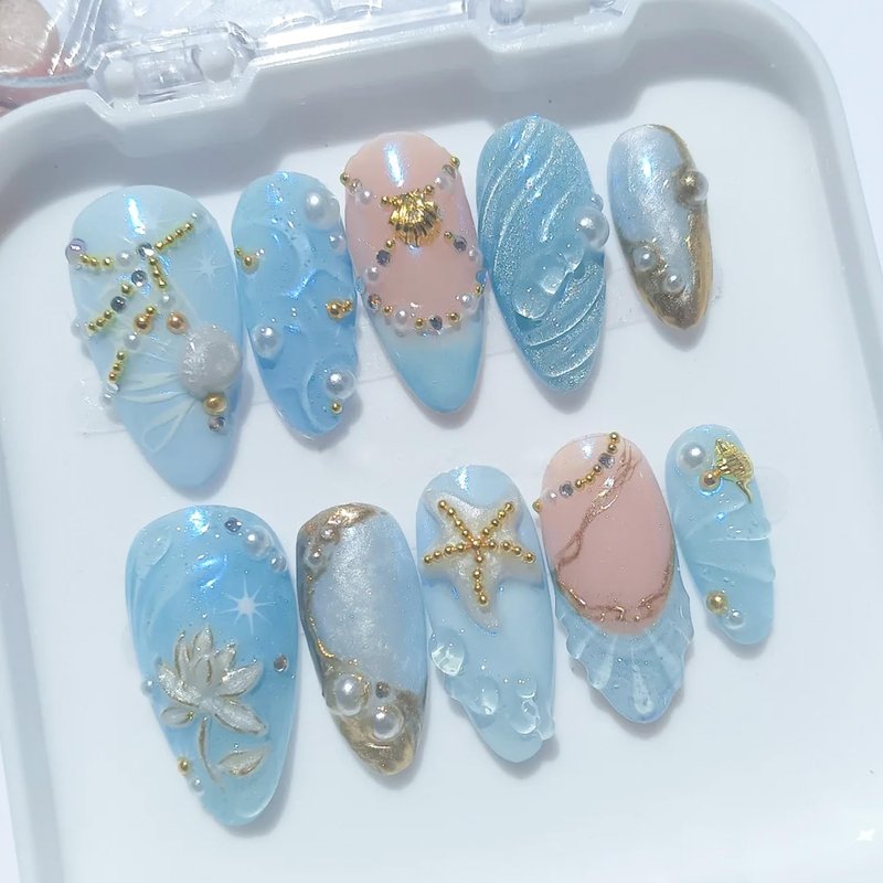 Tropical Almond Press-On Nails - 24Pcs 3D Seashell & Starfish Design | Ocean Blue Full Cover
