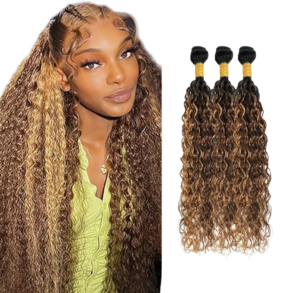 LadrXadr Brown Human Hair Bundles P427 Water Wave Bundles 18 20 22 inch LadrXadr Ombre Highlight Human Hair Bundle 3 Tone 150g