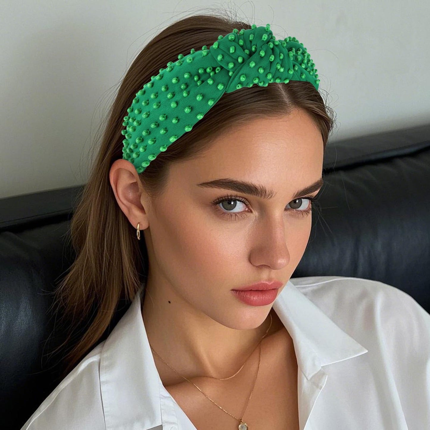 YISSION Green Knotted Headband for Women - Wide Beaded Hair Hoop, Stylish Hair Accessory for Daily Wear, St. Patrick's Day Festivals & Casual Outfits