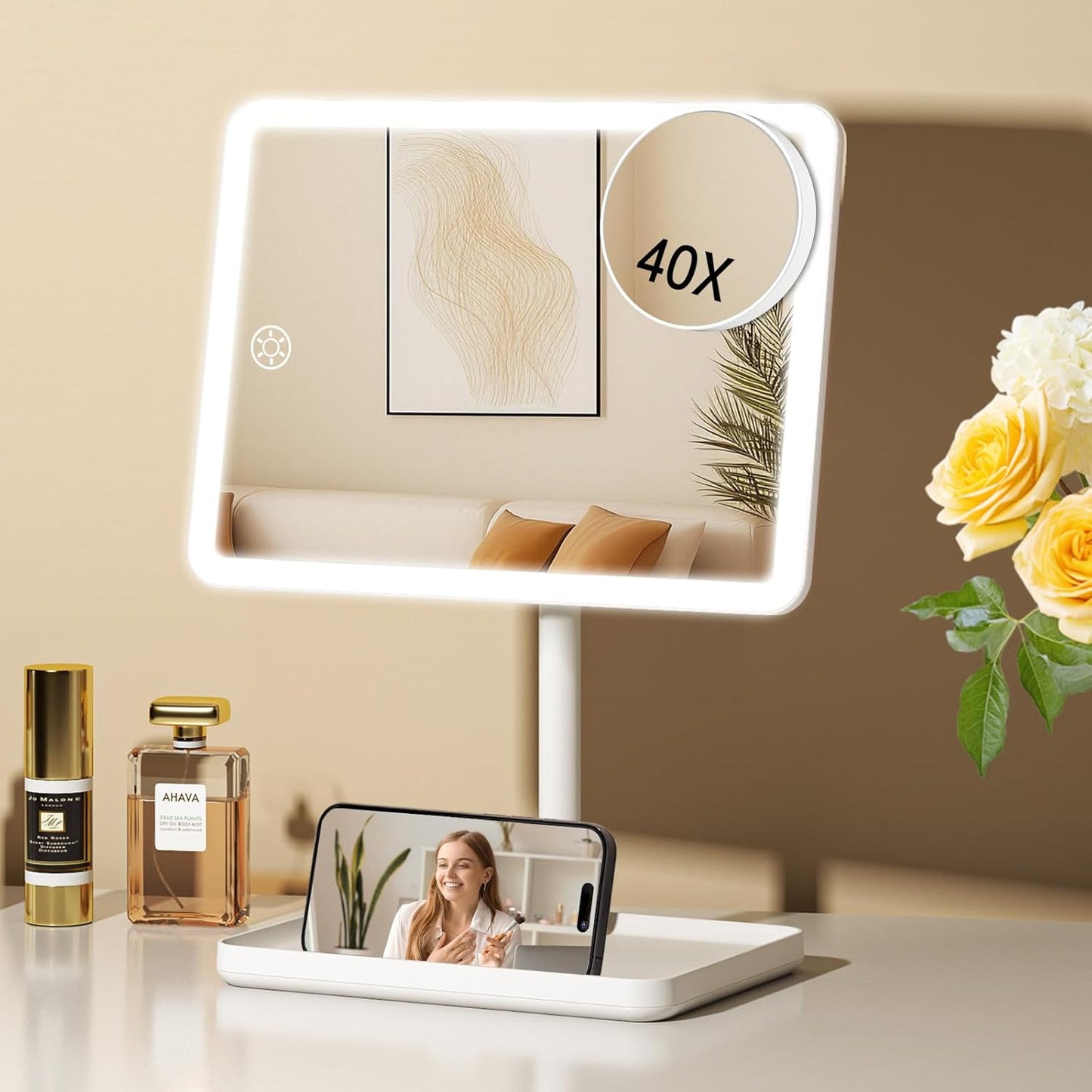 Vanity Mirror with Lights - Rechargeable Makeup Mirror | Smart Touch, 3-Color Dimmable Lighting, 40X Magnification, White