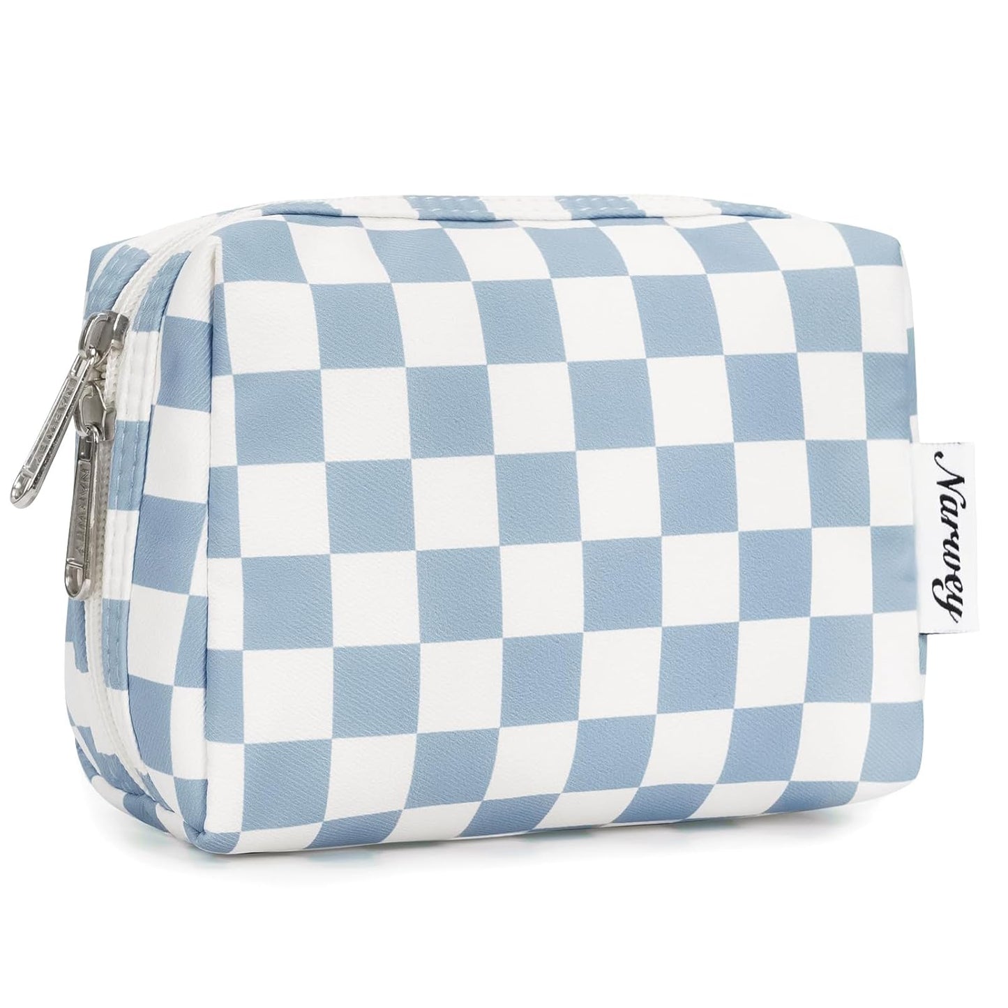 Checkered Makeup Bag - Travel Cosmetic Organizer with Compartments | Large Sky Blue Checkerboard