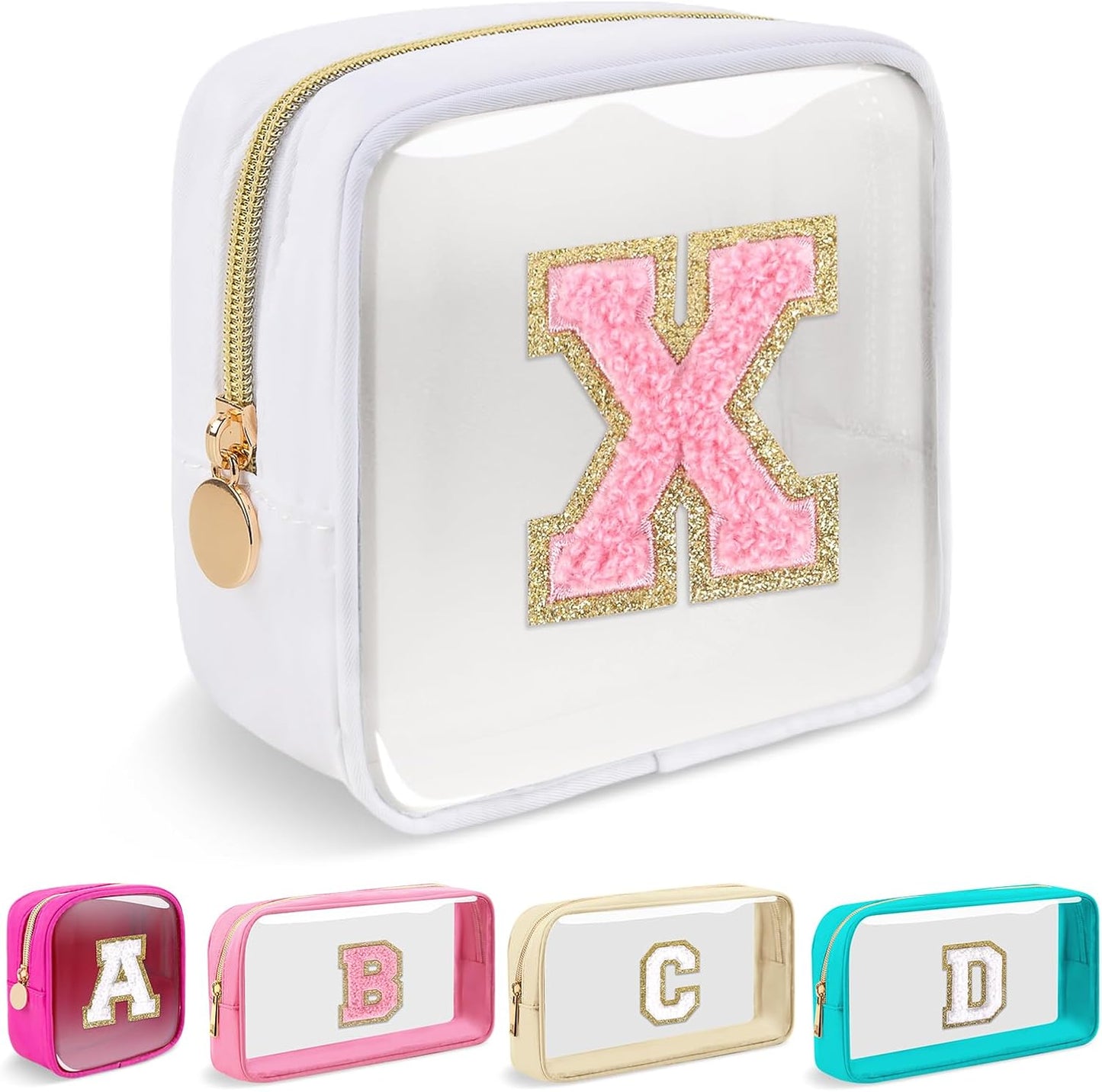 Personalized Initial Makeup Bag - Waterproof Nylon Cosmetic Pouch | A-Z Chenille Letter Patch, White-Pink G