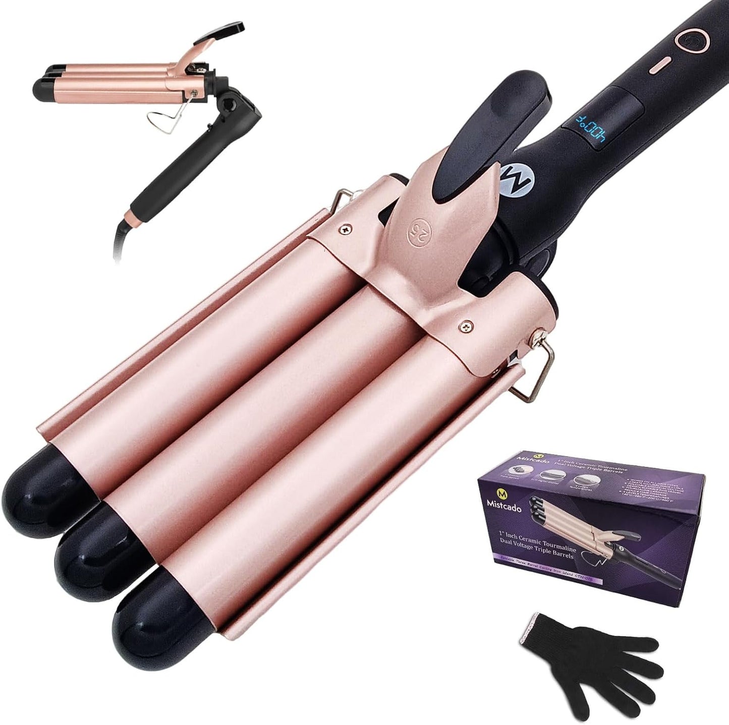 3 Barrel Curling Iron - 1 Inch Ceramic Tourmaline Hair Waver Wand with LCD Display | Fast Heating, Travel-Friendly, Black