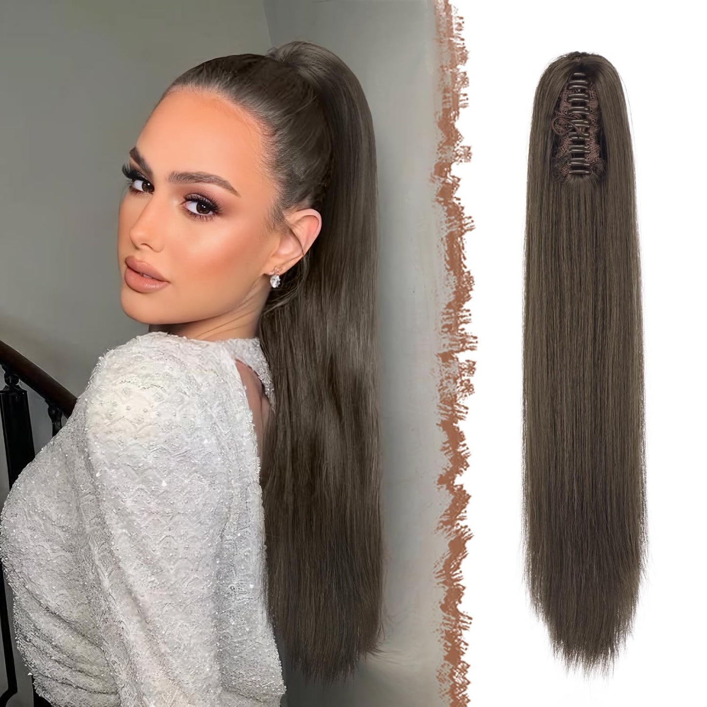 Claw Ponytail Extensions - Long Dark Brown Straight Hairpieces | 25-Inch Synthetic Clip-In Tails