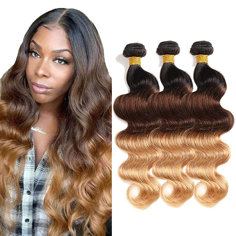 HeioWuio 22 24 26 Inch T1B/4/27 Blonde Bundles Body Wave 3 Bundles Human Hair Brazilian Remy Hair 100 Grams/Bundle Unprocessed Virgin Hairs Ombre Blonde Color Body Wave Bundle Weaves Extensions