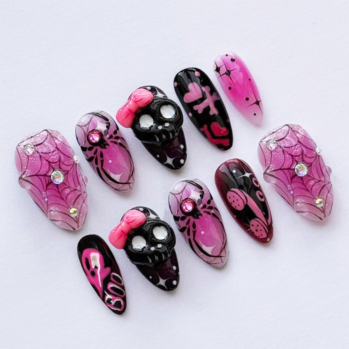 30Pcs Halloween Press-On Nails - 3D Spider & Bat Designs | Medium Almond Acrylic Tips for Women
