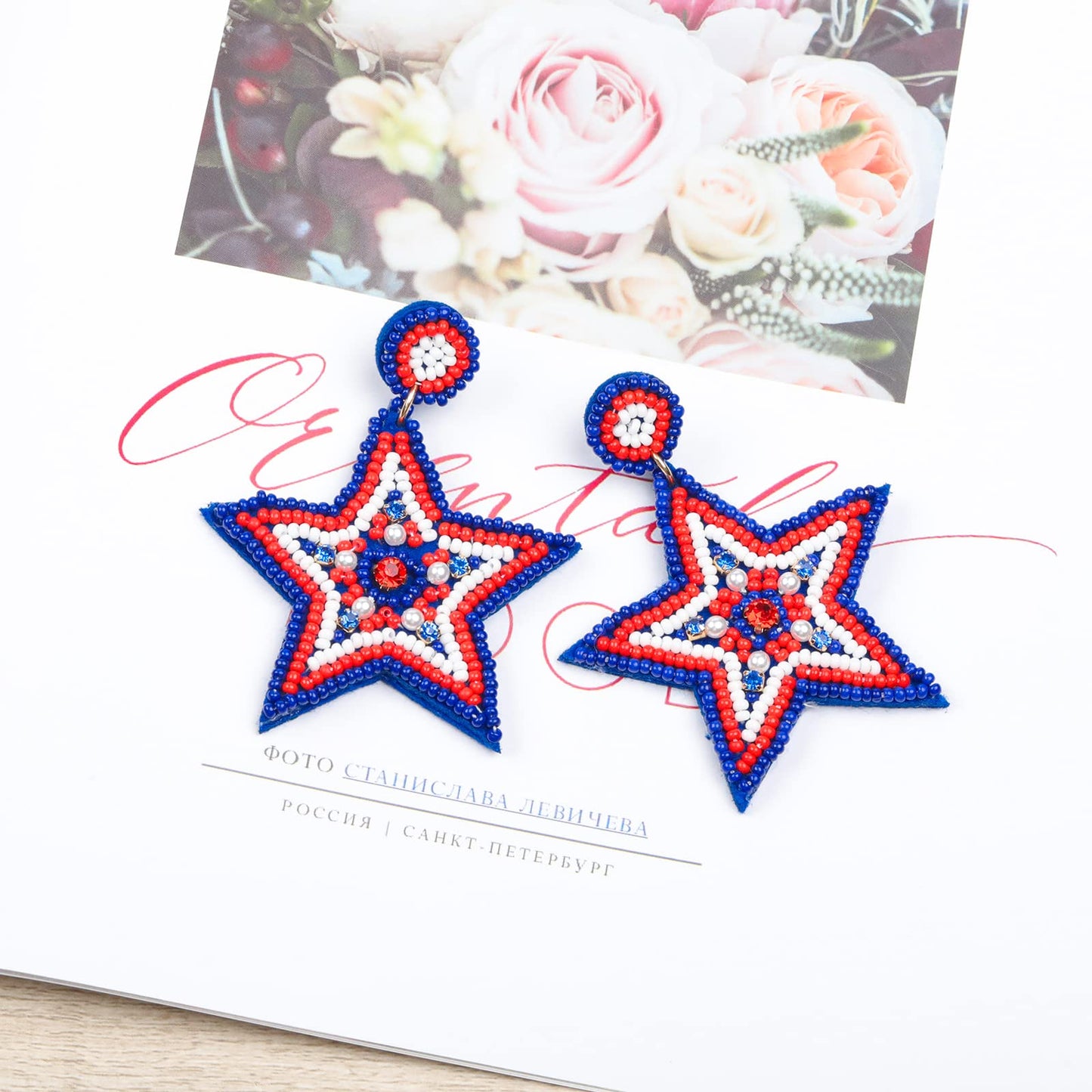 ALMHH 4th of July Earrings, Handmade Beaded Patriotic Earrings for Women, Star American Flag Dangle Drop Independence Day Patriotic Holiday Gifts