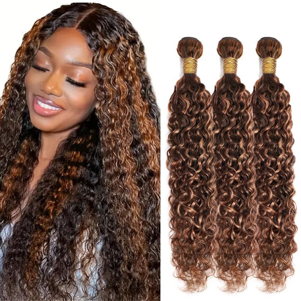 300g Brown Highlight Bundles Human Hair Light Brown Water Wave Bundle 18 20 22 Inch Brazilian Virgin Hair 3 Bundles P4/30 Water Wave Bundle