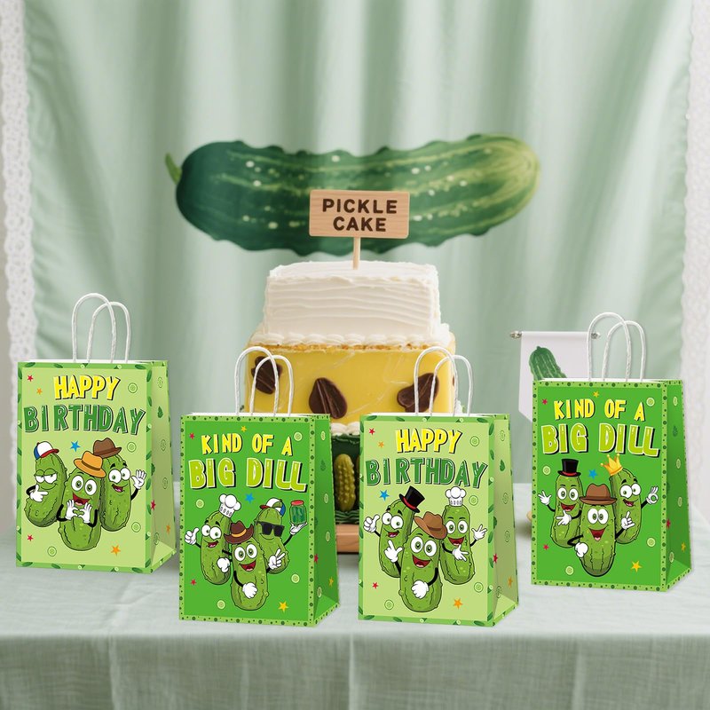 Pickle Party Favor Bags KIND OF A BIG DILL Paper Bags Big Cucumber HAPPY BIRTHDAY Gifts Bag Cute Cartoon Cucumber Wrapping Paper Funny Game Night Party Decorations for Adults Kids Birthday Supplies