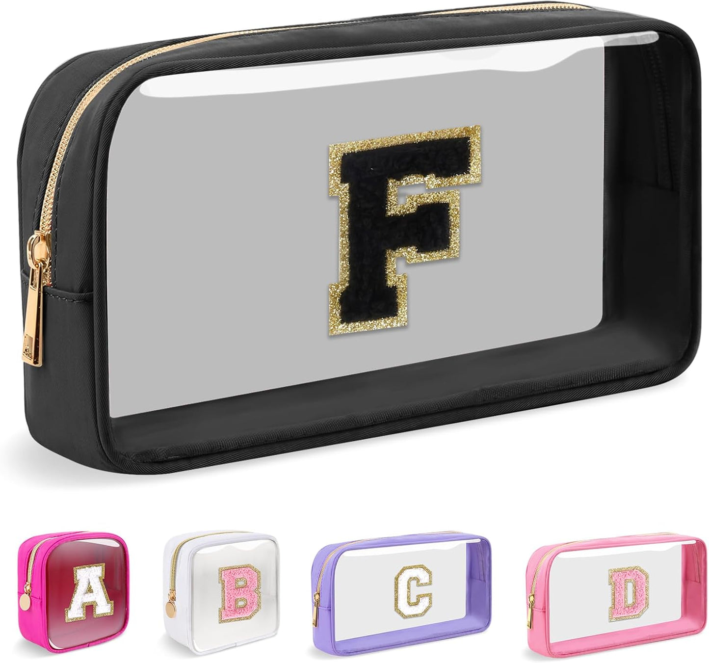 Personalized Initial Makeup Bag - Waterproof Nylon Cosmetic Pouch | A-Z Chenille Letter Patch, White-Pink G