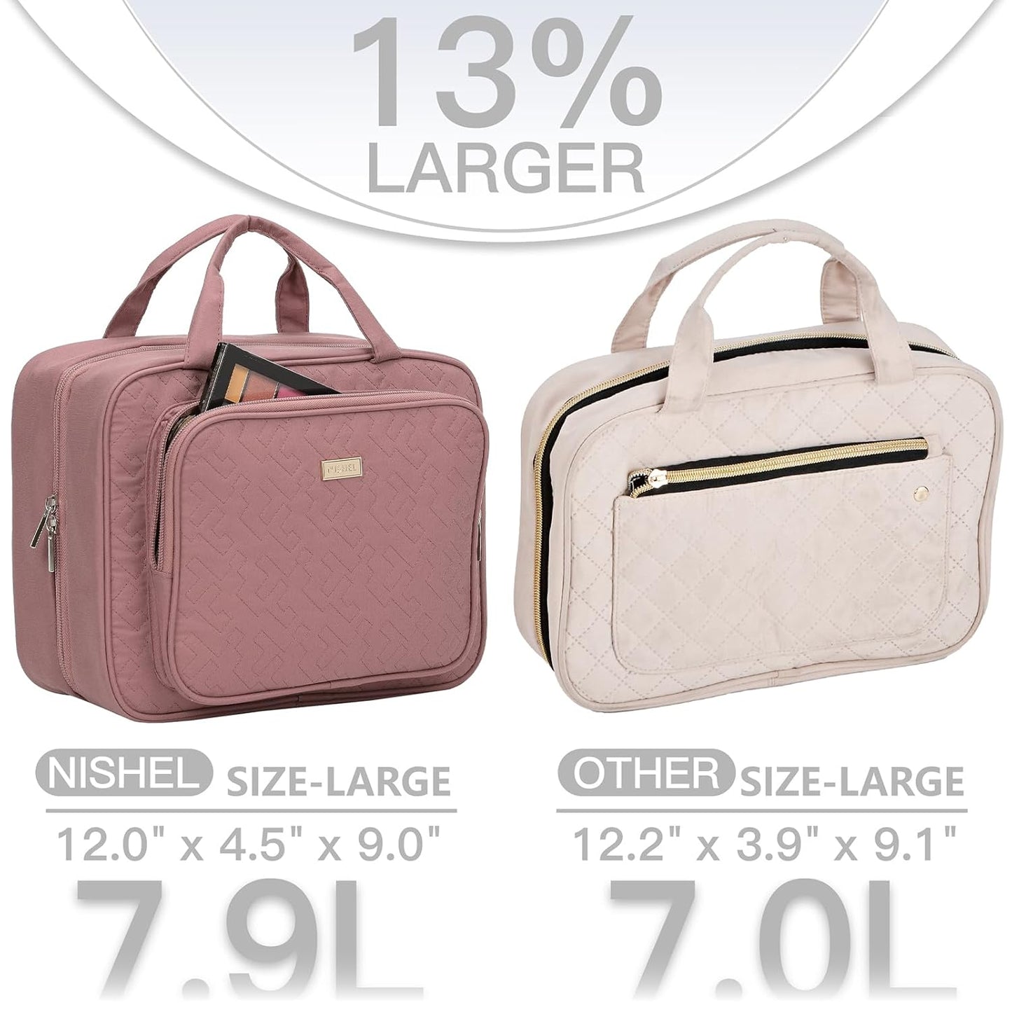 NISHEL Travel Toiletry Bag - Large Makeup Organizer for Women | Hanging Case in Rosewood Pink