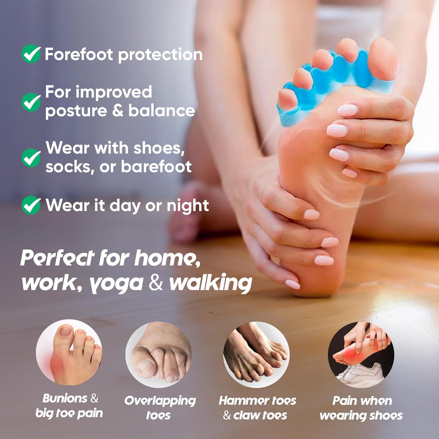Toe Separators for Bunions | Gel Toe Spacers & Hammer Toe Straightener | Silicone Stretcher for Yoga (1 Pair, Blue)