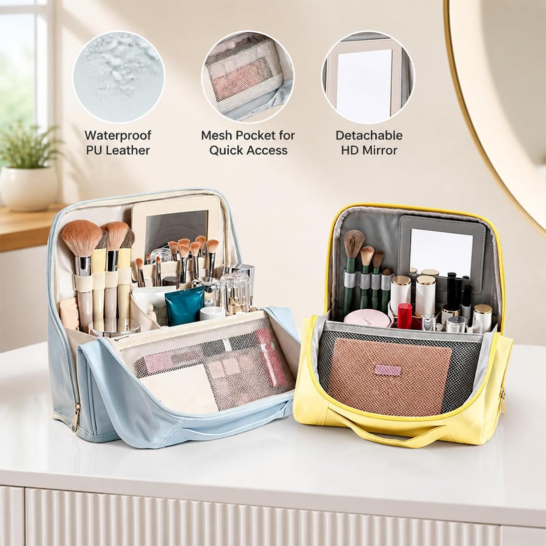 GDSAFS Stylish Handheld Partitioned Cosmetic Bag, Partitioned Cosmetic Organizer with Detachable Mirror, Stand Up Makeup Bag with Large Capacity for Travel & Daily Use (Pink L)