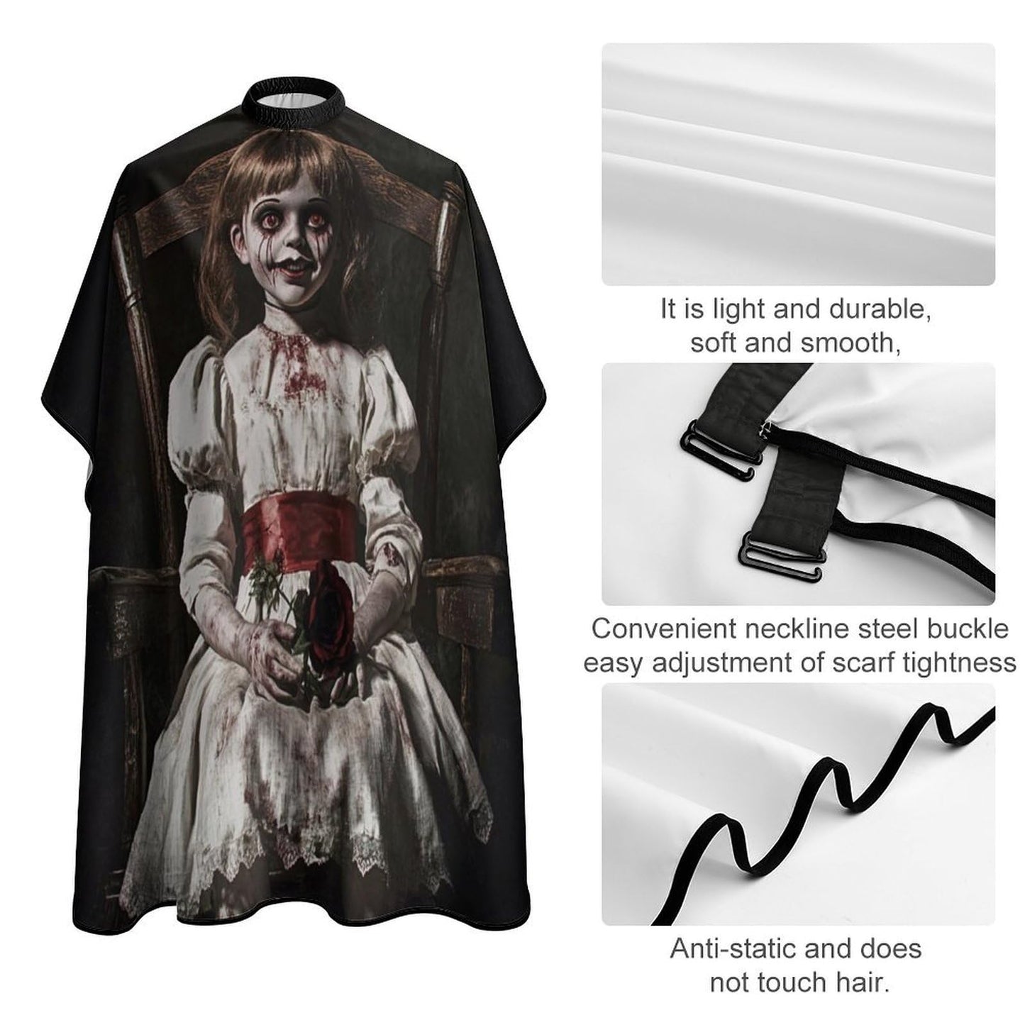 Fashion Easy Clean Professional Barber Cape Waterproof Haircut Cape with Adjustable Closure Scary Horror Girl Doll Black