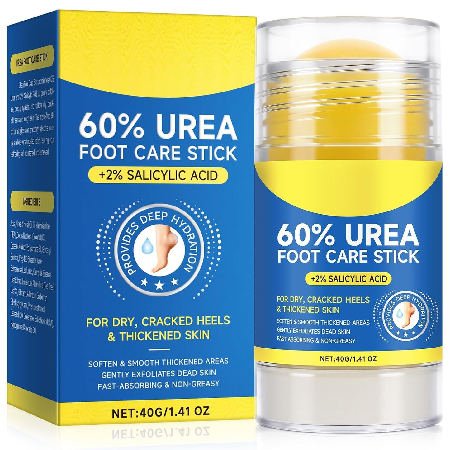 Urea Cream Stick with 2% Salicylic Acid - Maximum Strength Callus Remover for Dry Cracked Heels & Hands | 1.4oz (2 Pack)