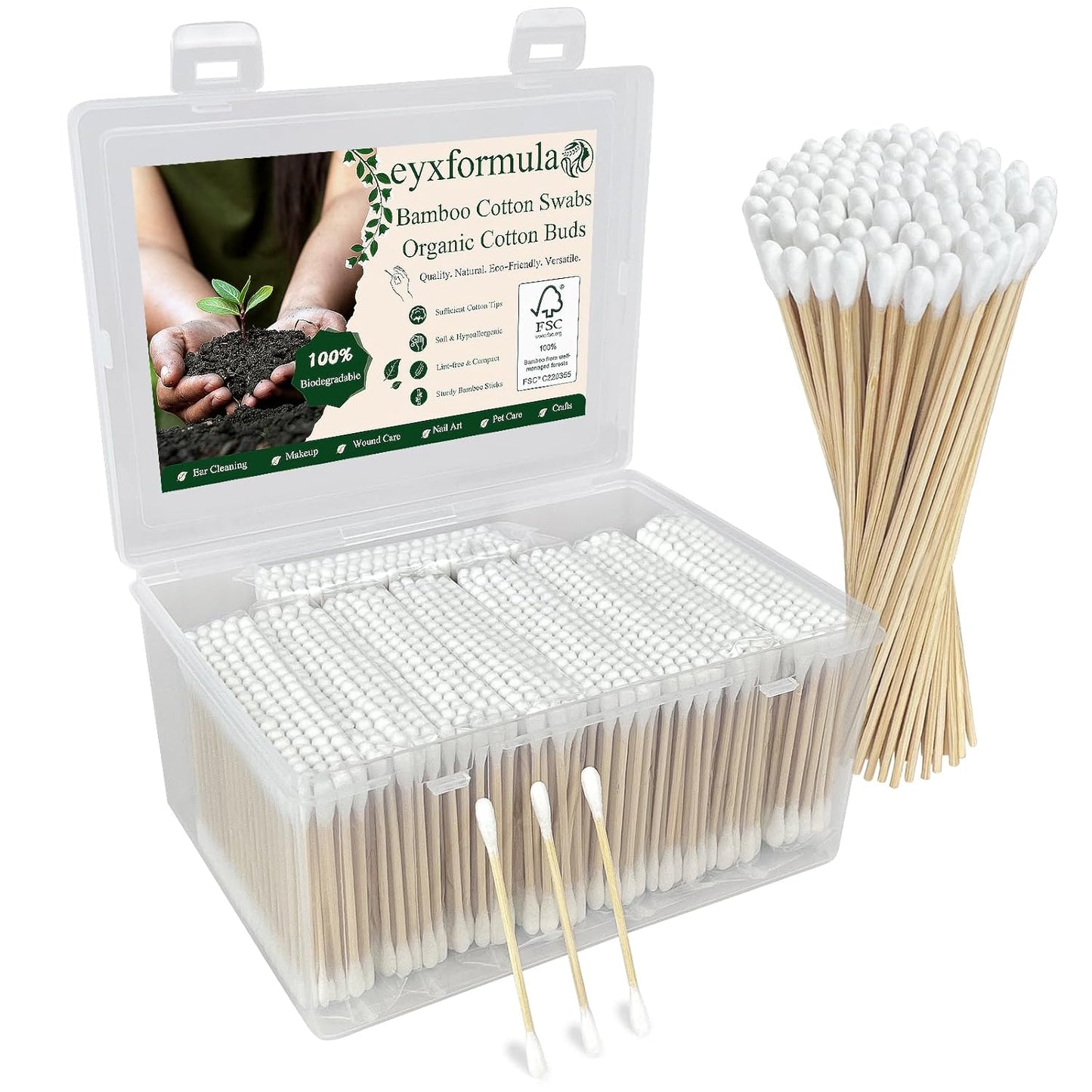 Eyxformula Pointed Cotton Swabs - 800 Count FSC Certified Bamboo Sticks | Lint-Free Applicator for Makeup & Crafts
