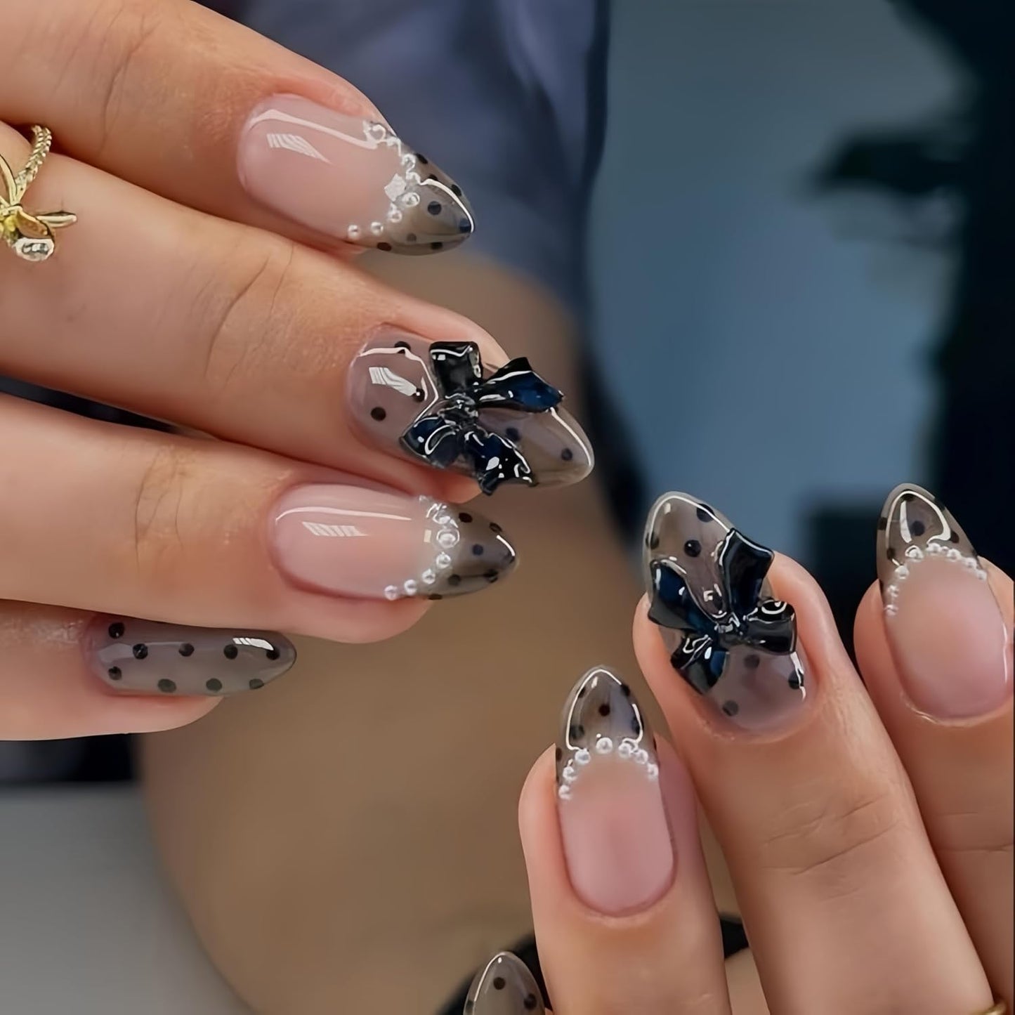 Black Polka Dot Press-On Nails - Medium Almond Shape with Bow Charms | Reusable Acrylic Full Cover Design