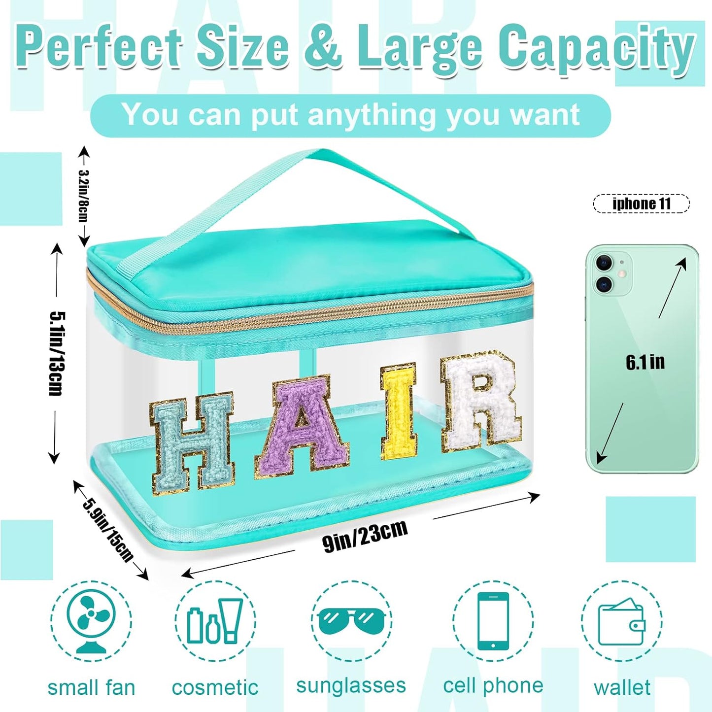 Clear Makeup Bag - Chenille Letter Hair Pouch | Waterproof Glitter Cosmetic Handbag for Travel - Green