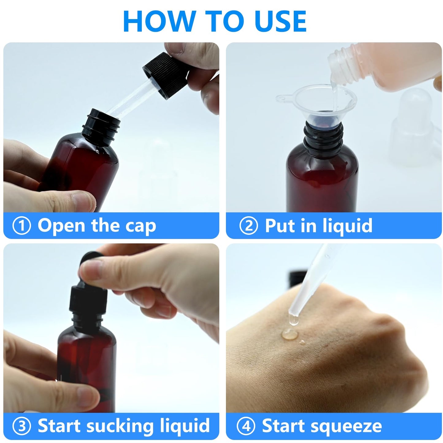 AskBed 4 Pack 2 Oz (50ml) Amber Plastic Essential Dropper Bottles with Funnel, Labels for Liquid Storage